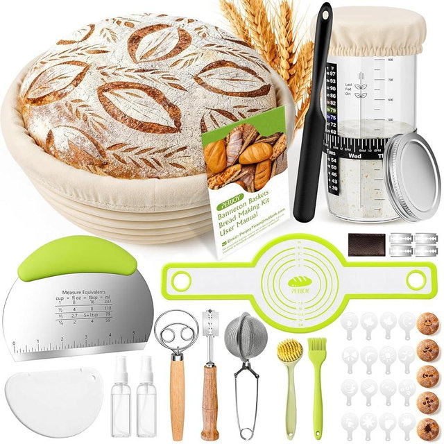 Perjoy Sourdough Starter Kit, 9'' Round Banneton Bread Proofing Basket, Sourdough Kit with Jar, Sourdough Bread Baking Supplies with Bread Lame, Dough Scraper, Dough Whisk, Silicone Bread Sling