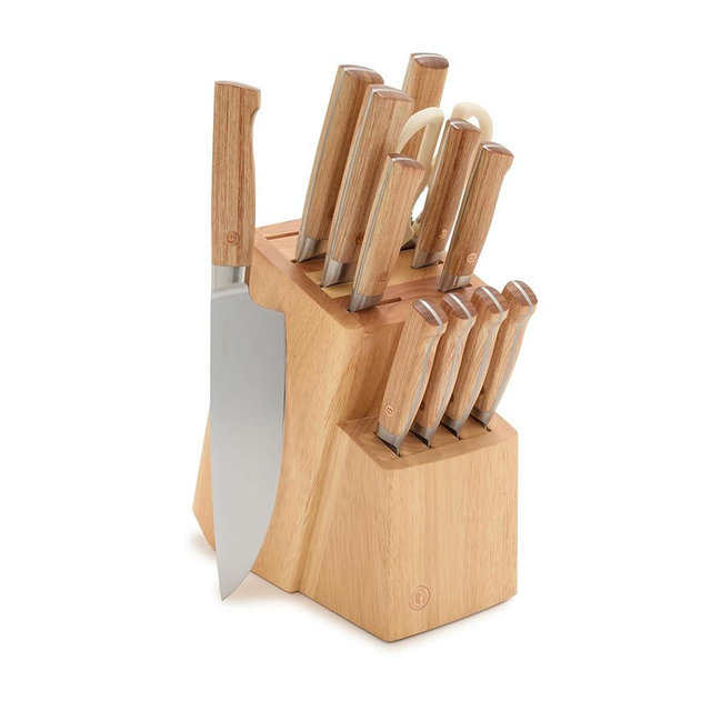 GreenPan Elite 13 Piece Wooden Knife Block Set, Professional Stainless Steel Blades with Titanium Coating, Ultra-Sharp Kitchen Cutlery, Chef, Santoku, Bread & Steak Knives, Ergonomic Wood Handles