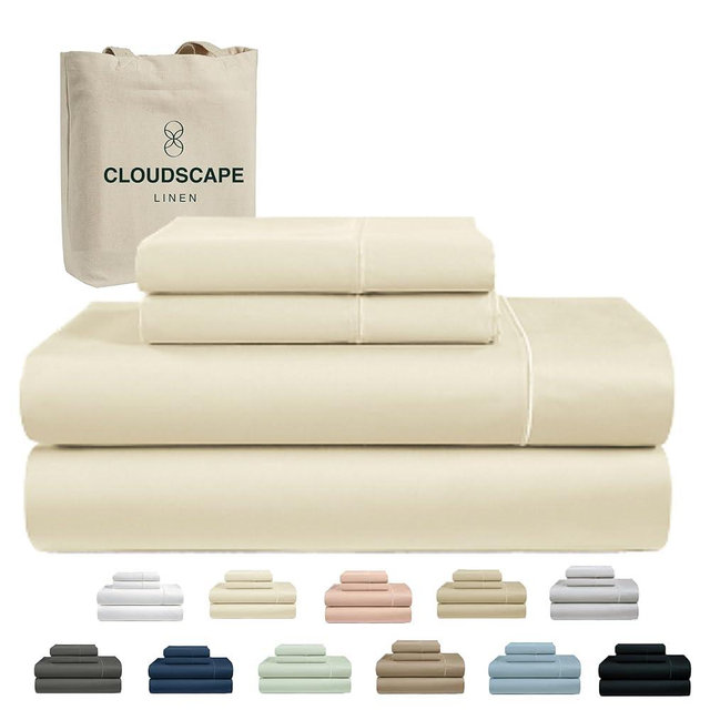 CLOUDSCAPE LINEN 100% Egyptian Cotton Queen Sheets Set – 4 Pieces, 1000 Thread Count, Deep Pockets up to 17", Soft Cream