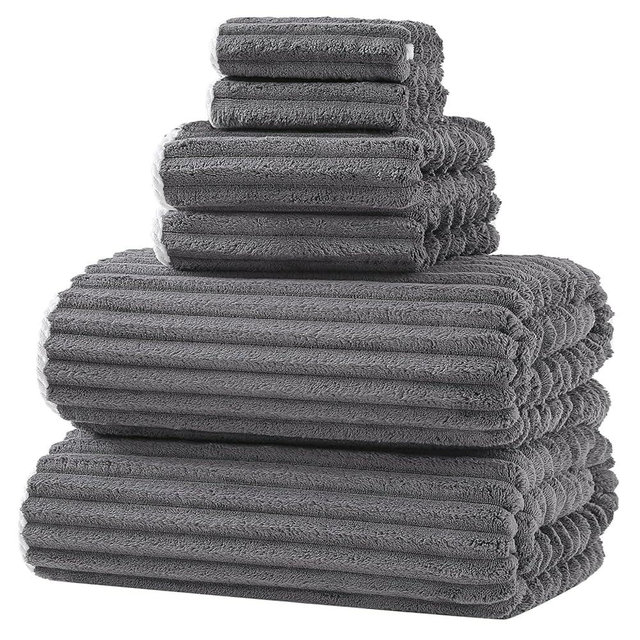 XIQ 39x79 Inches Extra Large Bath Sheets Towels for Adults Super Soft Luxury Ultra Absorbent Striped with Hanging Loop Microfiber Shower Towels 2 Hand Towels 2 Washcloth Towels(Charcoal Grey,6PCS)