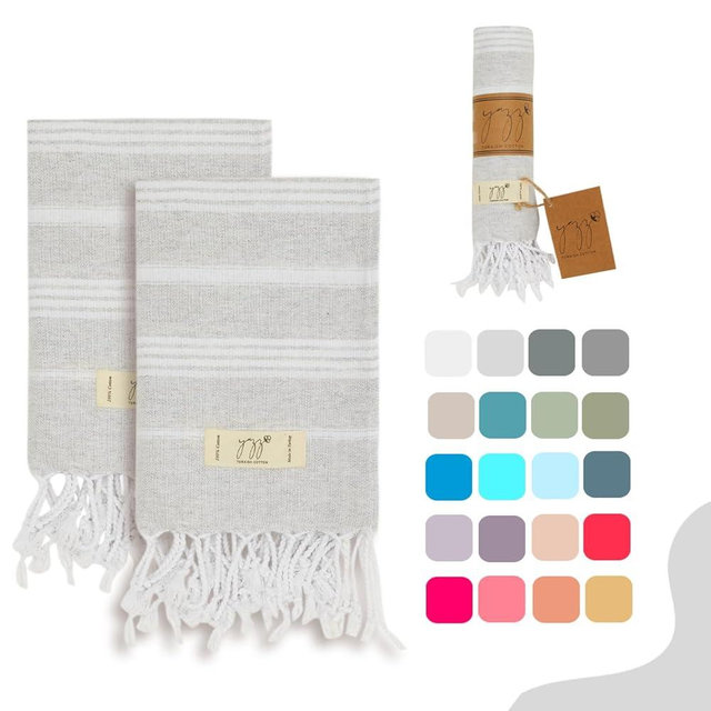 Yazz Turkish Cotton Hand Towels - Set of 2, 18" x 30" inches, Turkish Cotton, Decorative Peshtemal Hand Towels for Kitchen, Bath, Guest, Face, Hair, Gym, Yoga, Travel (Light Grey)
