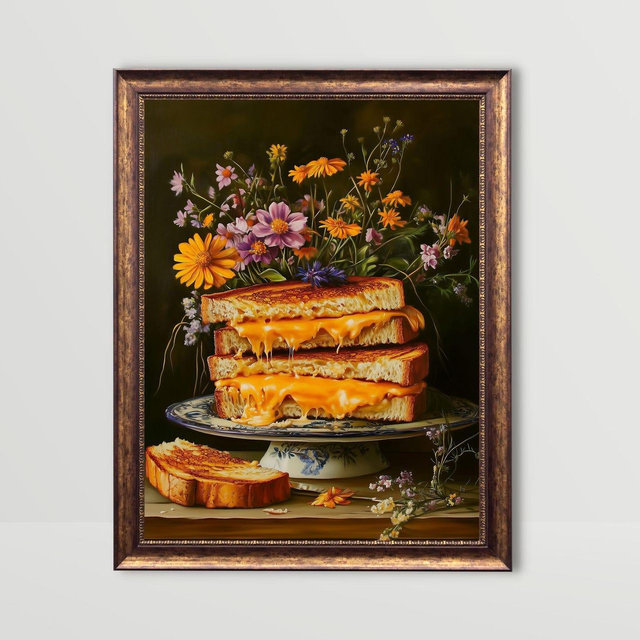 Grilled Cheese | Fun Food Wall Art, Moody Kitchen Funny Still Life Painting Bar Cart Art Dark Whimsical Prints Wildflowers Cottagecore Print