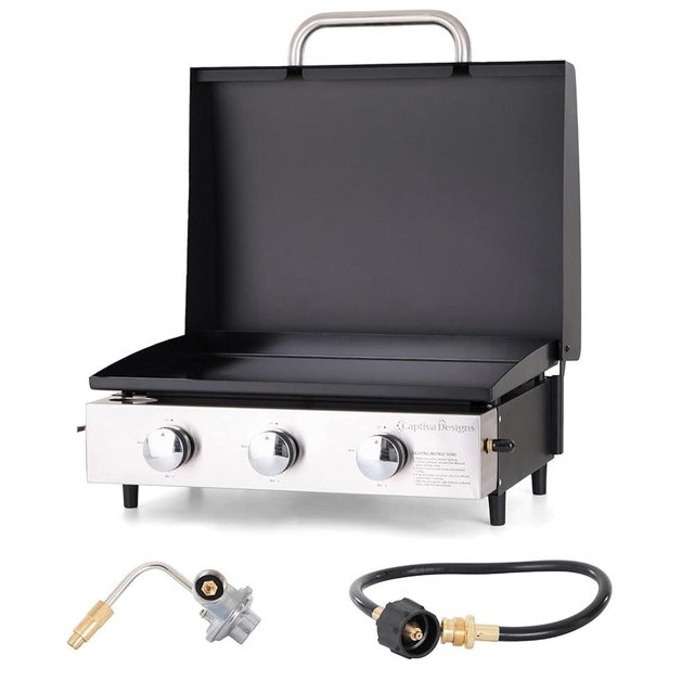 Sophia & William 22" Flat Top Grill with Lid & Ceramic Coated Cast Iron Griddle, 3-Burner Portable Tabletop Gas Propane Griddle, Outdoor Griddle for BBQ, Camping & Tailgating,24,000 BTU
