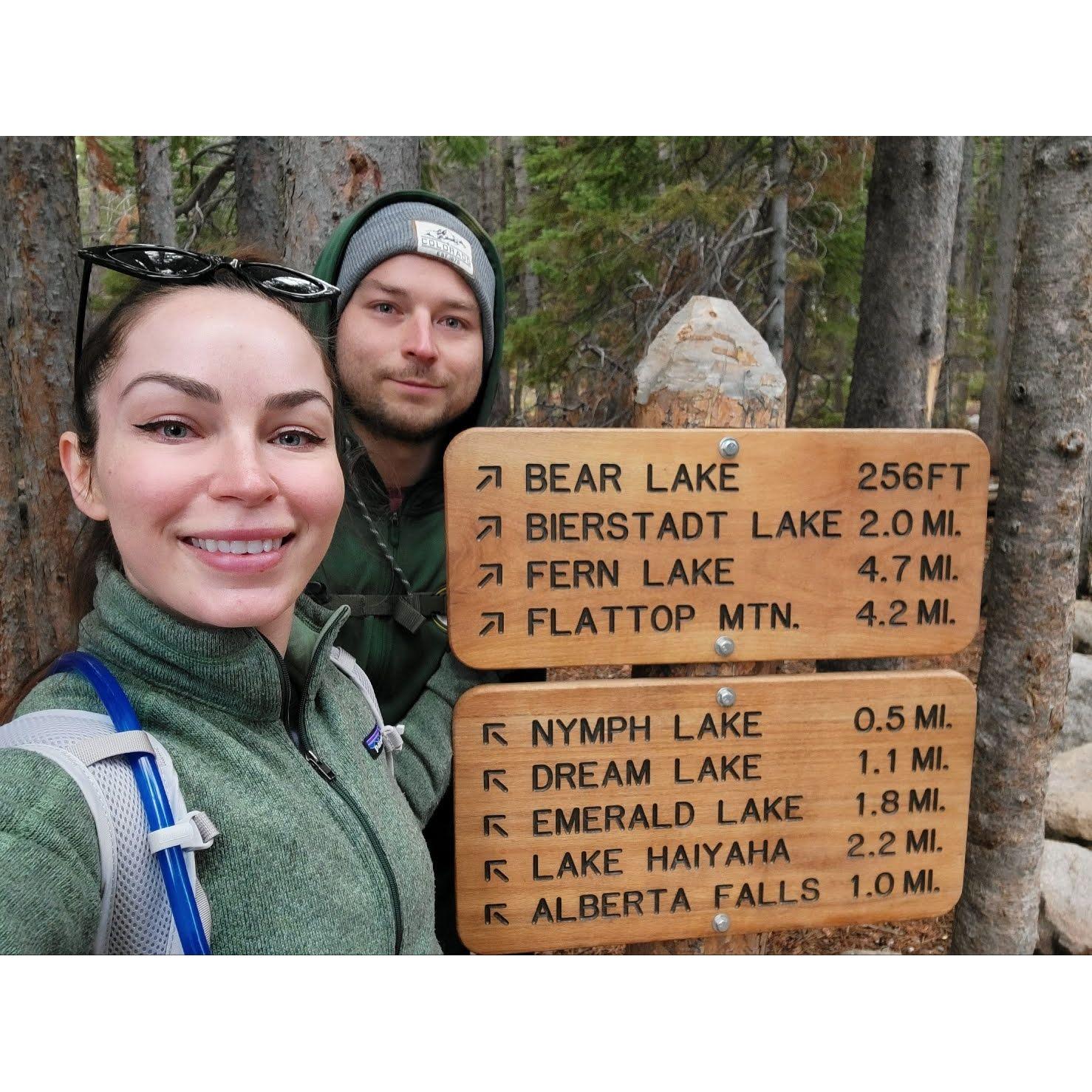 The trail sign for the trail where Garrison proposed- Lake Haiyaha in Rocky Mountain National Park on Sept 30, 2022