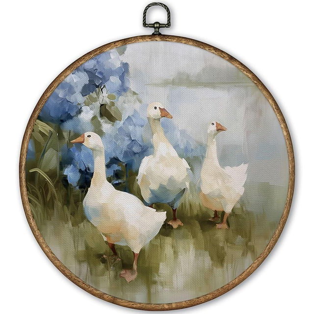 TLESKE Goose Round Wall Art Decor Framed 10x10, Cottagecore Farmhouse Wildflower Duck Canvas Wall Art Prints Artwork, Rustic Blue Hydrangea Floral Hanging Wall Picture Room Door Decor for Home Bedroom