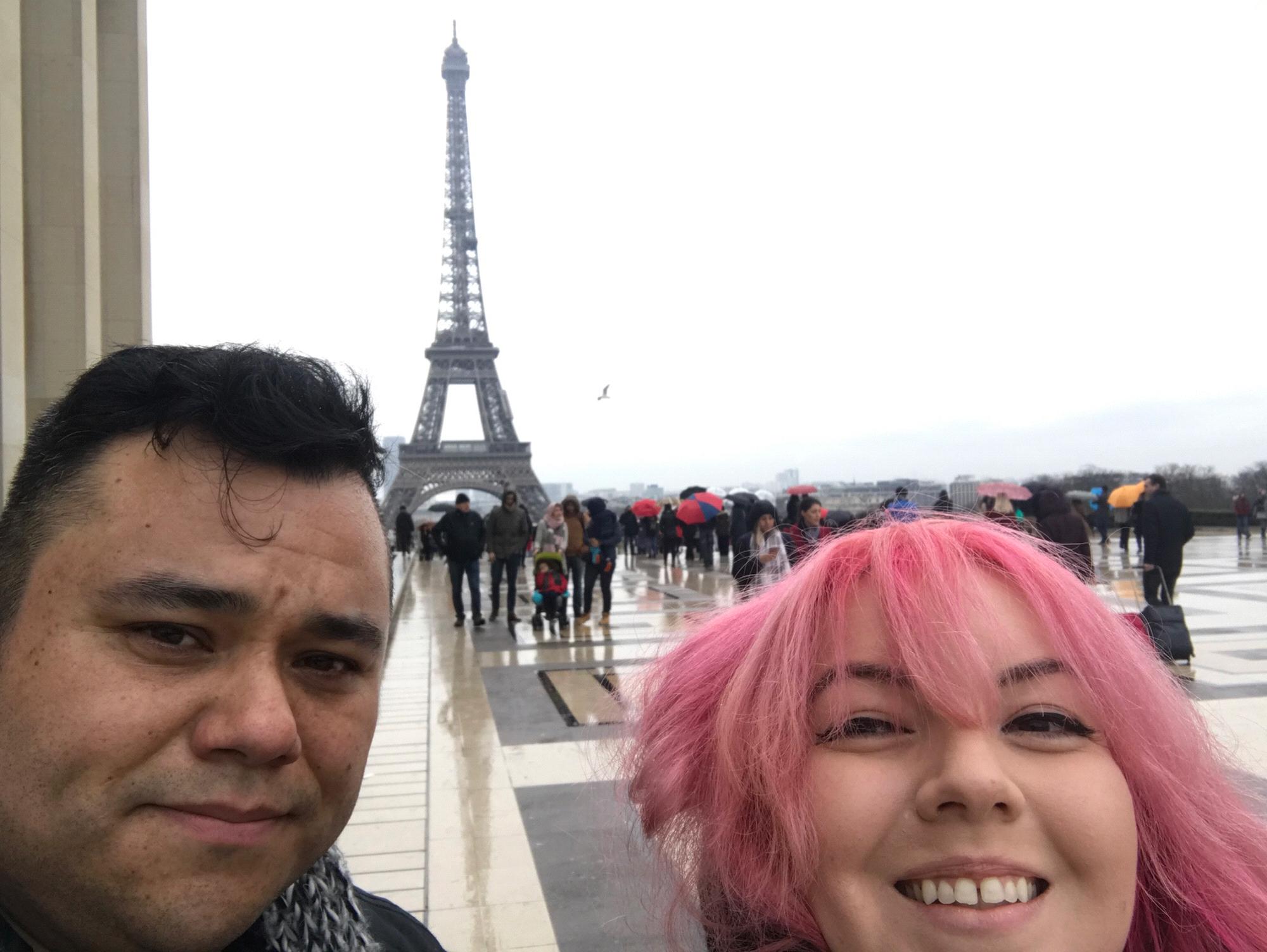 Our love knows no bounds! After we walked up the Eiffel Tower, January 2018.