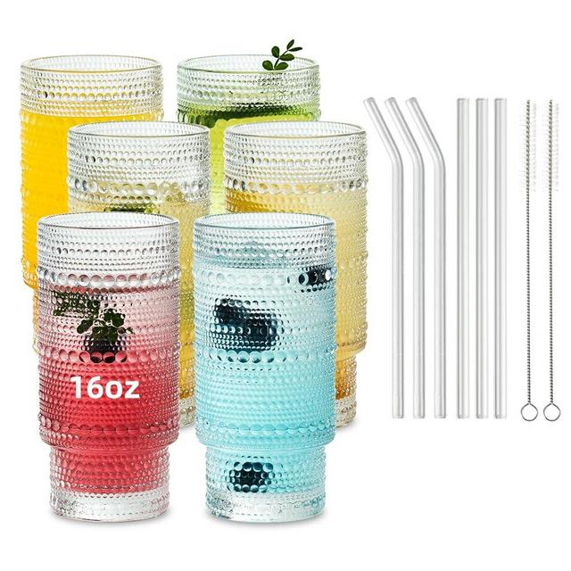 KEMORELA Glass Cups Vintage Glassware Set of 6 Large, Hobnail Drinking Glass, 16oz Glass Cups With Straws, Romantic Hobnail Highball Glasses, Bar Beverages Ice Coffee Cup Hobnail Glassware