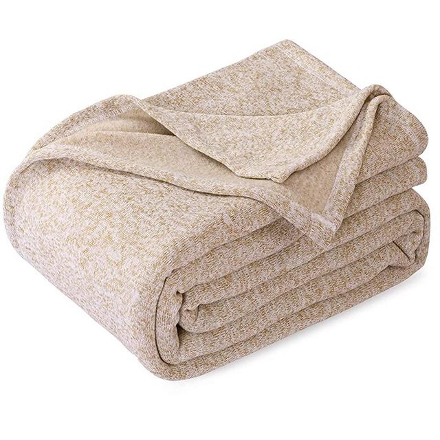 KAWAHOME Knit Blanket Lightweight Soft Breathable Cozy Fuzzy Heather Jersey Comfortable Thin Blanket 280GSM for Couch Sofa Bed, Twin Size 66"X90" (Camel and White)