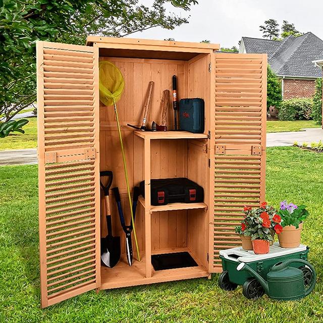 Grepatio 63" Outdoor Garden Storage Shed - Wooden Shutter Design Fir Wood Storage Organizers - Patios Tool Storage Cabinet Lockers for Tools, Lawn Care Equipment, Pool Supplies and Garden Accessories