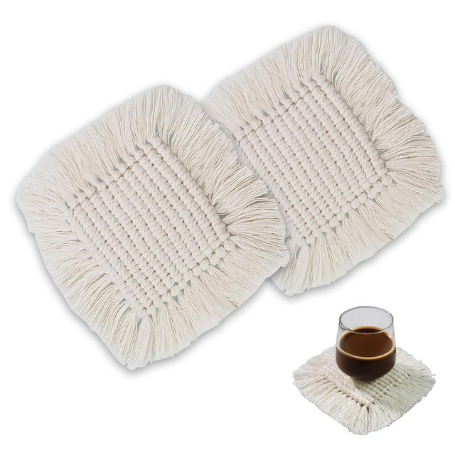 Boho Macrame Coasters Set of 2,Absorbent Coaster for Drinks, Round Handmade Woven Coasters for Boho Home Decor, CupCoasters for Office Desk, Kitchen, Dining Room, Bar (S-Beige(2pcs)/6.3in)