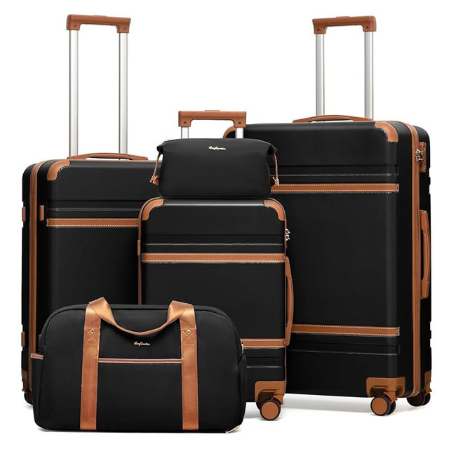 LONG VACATION Luggage Sets 5 Piece, Suitcases With Wheels, PC+ABS Hardshell Luggage Set with Spinner Wheels, TSA Lock (Black Brown)