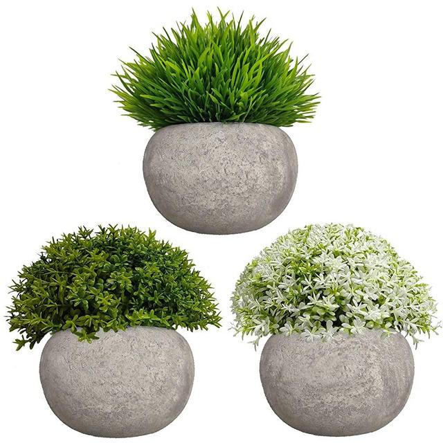 MIXCUTE Mini Artificial Plants 3 Pack Fake Plants Potted Faux Green Grass Flower Topiary Plants with Pots for House, Farmhouse, Bathroom, Office, Home Decor
