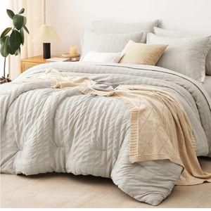 CozyLux Queen Seersucker Comforter Set with Sheets Beige Bed in a Bag 7-Pieces All Season Bedding Sets with Comforter, Pillow Sham, Flat Sheet, Fitted Sheet, Pillowcase