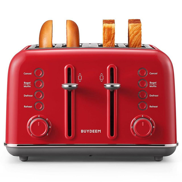 BUYDEEM DT640 4-Slice Toaster, Extra Wide Slots, Retro Stainless Steel with High Lift Lever, Bagel and Muffin Function, Removal Crumb Tray, 7-Shade Settings,Red