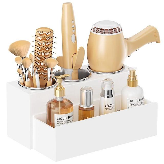 HIIMIEI Hair Tool Organizer, Acrylic Hair Dryer Holder, Bathroom Countertop Blow Dryer Stand Storage, Vanity Organizer for Accessories, Makeup, Flat Irons, Curling Irons, and Toiletries (White)