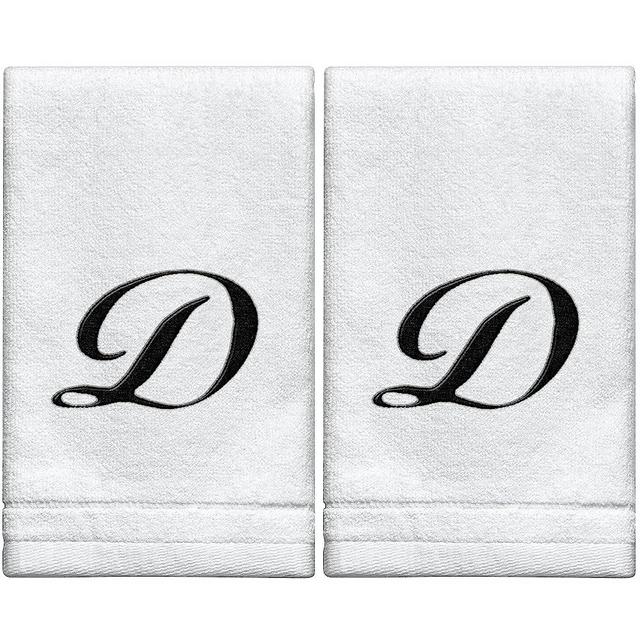 Monogrammed Towels Fingertip, Personalized Gift, 11 x 18 Inches - Set of 2- Black Embroidered Towel - Extra Absorbent 100% Cotton- Soft Velour Finish - For Bathroom/ Kitchen/ Spa- Initial D (White)