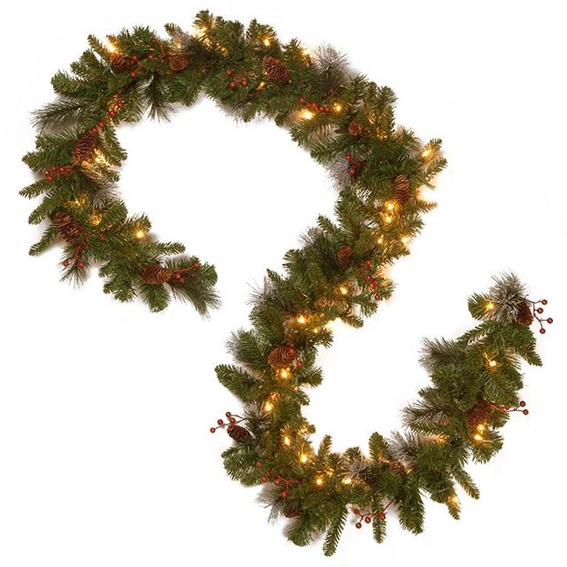 National Tree Company Pre-lit Artificial Christmas Garland | Flocked with Mixed Decorations and LED Lights |Crestwood Spruce - 9ft