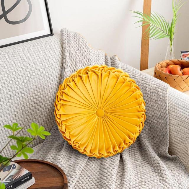 XIXILILI Mustard Yellow Round Velvet Pillow, 15" Diameter Pleated Handmade Throw Pillows, Decorative Pumpkin Pillows Cushion for Bed, Car, Couch, Or Chair
