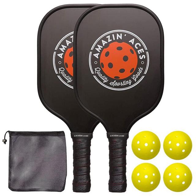 Amazin' Aces Pickleball Paddle Set | Pickleball Set Includes Two Graphite Pickleball Paddles + Four Balls + One Mesh Carry Bag | Premium Rackets Graphite Face & Polymer Honeycomb Core