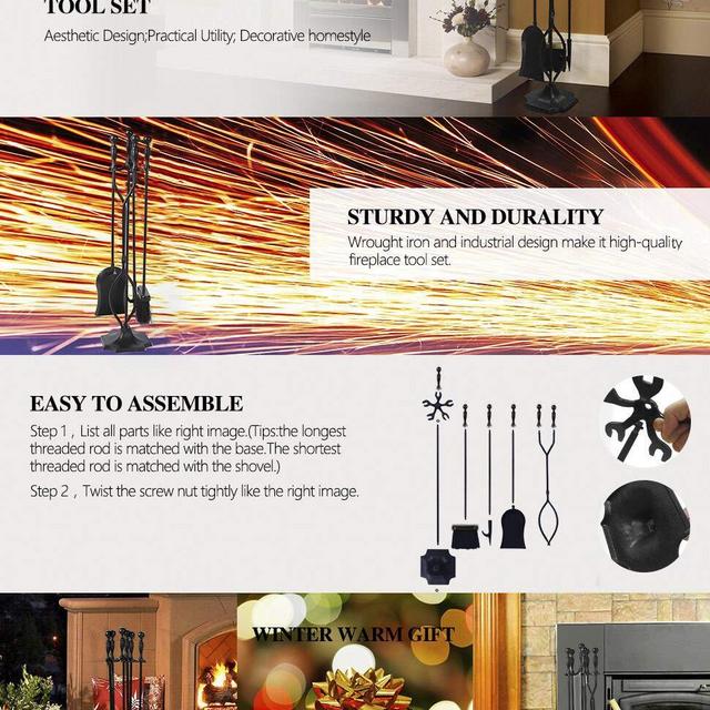 5 Pieces Fireplace Tools Tool Set Wrought Iron Fireset Firepit Fire Place Pit Poker Wood Stove Log Tongs Holder Tools Kit Sets with Handles Modern Black Fireplaces Hearth Decor Accessories