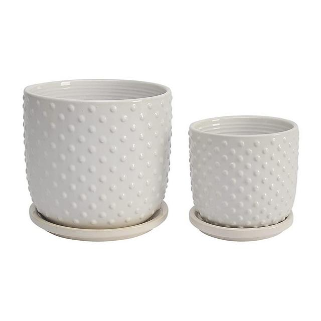 Sagebrook Home Round Ceramic Planters Tiny Dots W/ Saucer Ceramic Plant, Flower, Garden Pot, Indoor Outdoor Gardening Planting Pot, 6" H, White Set of 2