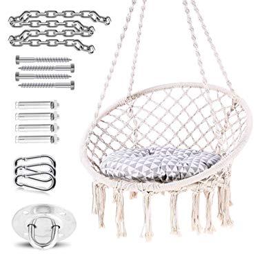 Ohuhu Hammock Chair Hanging Chair Swing with Soft Cushion & Durable Hanging Hardware Kit, 100% Cotton Rope Indoor Macrame Swing Chairs for Bedrooms, Great Gifts for Birthday Xmas Christmas