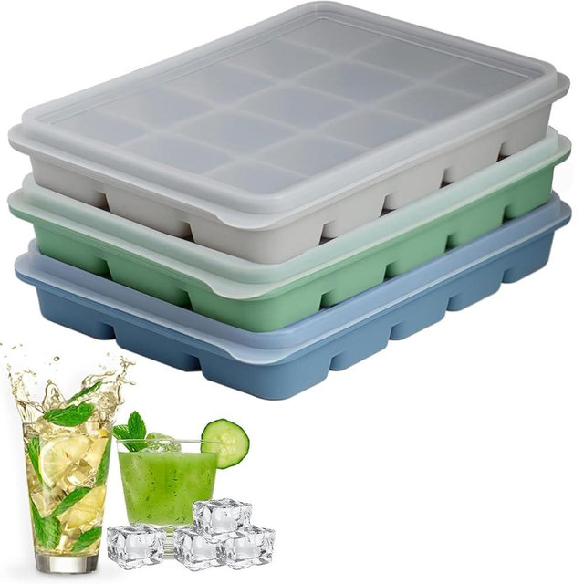 Ice Cube Trays Set of 3, Easy Release 15 Flexible Silicone Ice Cube Molds with Removable Lid Reusable Freezer Ice Trays Stackable for Whiskey, Baby Food, Green+Blue+Grey