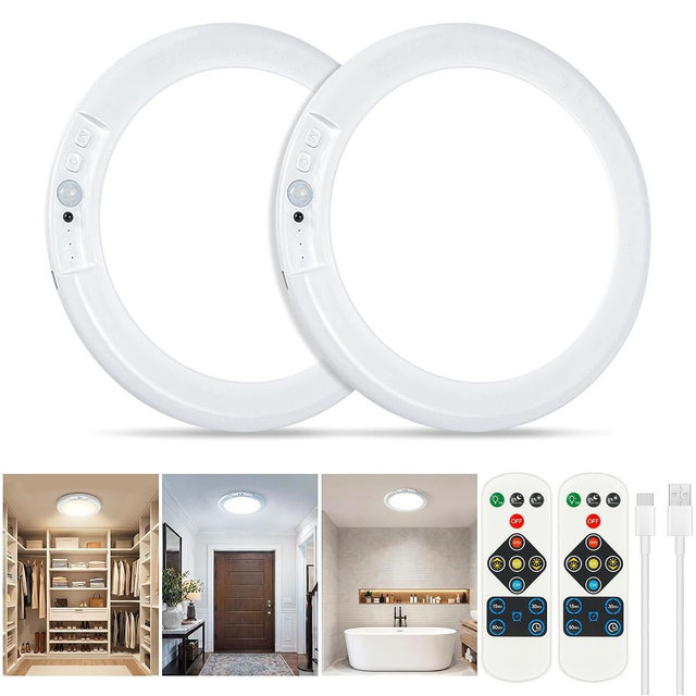 Rechargeable Ceiling Light 2 Pack, Magnetic Wireless Motion Sensor Ceiling Light with Remote, Wireless Dimmable Battery Operated LED Ceiling Lights for Closet Shower Hallway Pantry Shed Porch Stairs