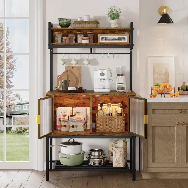 Bestier 59" Coffee Bar Station with Storage Shelves, 5-Tier Microwave Stand with Cabinets & LED Light, Kitchen Bakers Rack with Hutch & Hooks, Rustic