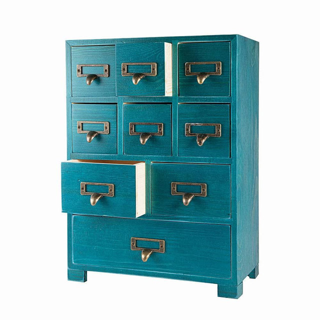 PACKGILO Apothecary Cabinet with 9 Drawers & Labels Rustic Library Card Catalog Cabinet Desktop Wooden Storage Box for Organize Herbal、Tea Bag、Jewelry (Blue)