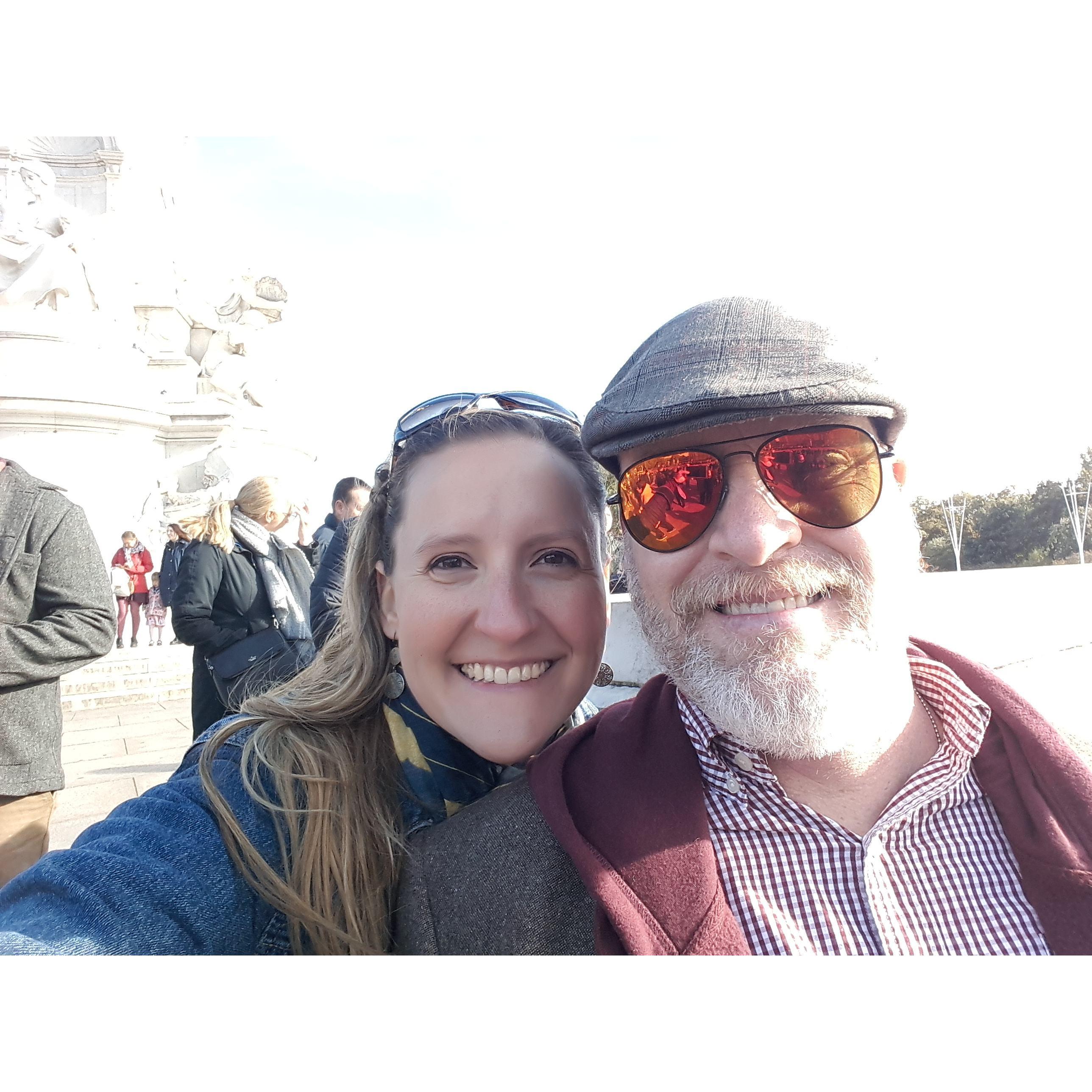 Getting ready to watch the changing of the guards at Buckingham Palace in London, 2021.