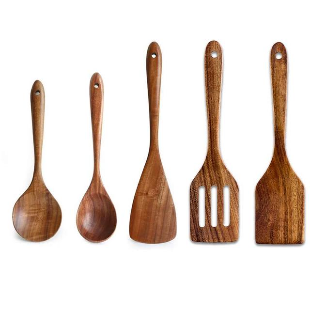 5 Pcs Luxury Wooden Kitchen Utensils Spoons Non Stick Spatula Cooking Utensils Set-Best Wood Spatula Paddle, Slotted Spatula, Angled Turner Spatula, Serving Cooking Spoon & Mixing Spoon Utensil