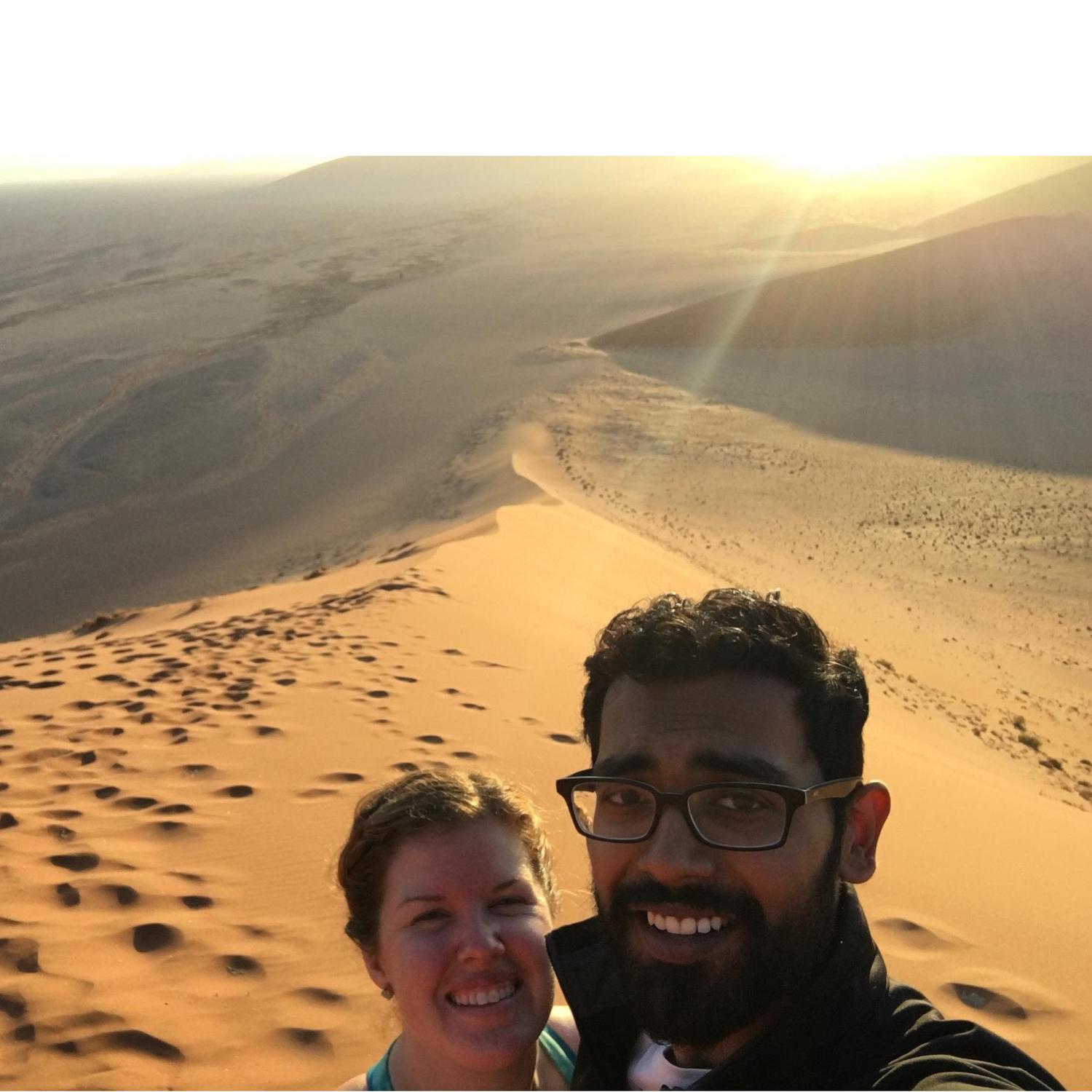 Laine and Tom's visit to Namibia. This picture was taken after climbing a dune to watch the sunrise. November 2017.