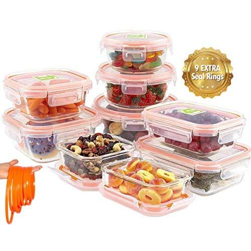 Jina Home Glass Food Storage Containers [18 pcs ] | Leakproof and Airtight Glass Set | Meal Prep Containers with 9 Extra Replaceable Silicon Rings | BPA Free & FDA Approved