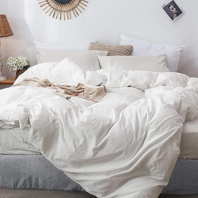 MooMee Bedding Duvet Cover Set 100% Washed Cotton Linen Like Textured Breathable Durable Soft Comfy (Cream White, King)
