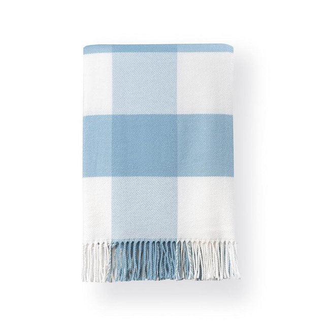 Hofdeco Premium Coastal Decorative Throw Blanket for Patio Couch Sofa, Baby Blue Buffalo Plaid with Fringe, 52"x72"