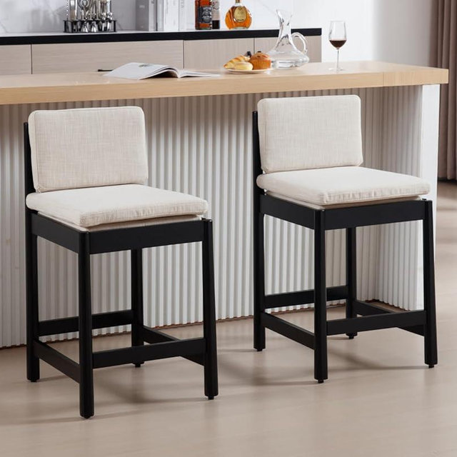Shunzhi Farmhouse Counter Height Bar Stools Set of 2 Mid Century Modern Barstools Upholstered Counter Stools Black Wooden Bar Chairs for Kitchen Island/Dining Room/Home Bar/Pub,26 Inch,Beige Linen