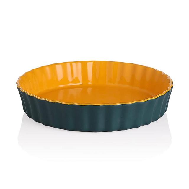 Sweejar Ceramic Wavelet Fringe Pie Dish, 9.5 Inch Round Non-Stick Pie Plate for Baking, Blue & Yellow