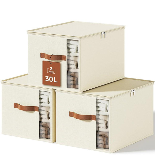 KitHero Clothes Storage Bins with Sturdy Frames, Foldable Fabric Clothing Organizer Box for Moving, Sweater Storage Cube with Lids and Zipper, Linen Closet Storage Bags for Blankets, Clothes, Sheet
