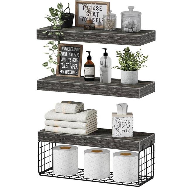 QEEIG Bathroom Shelves Over Toilet Wall Mounted Floating Shelves Farmhouse Shelf Toilet Paper Holder Small 16 inch Set of 3, Rusitc Grey