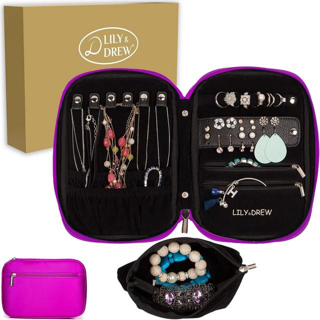 Lily & Drew Travel Jewelry Storage Carrying Case Jewelry Organizer with Removable Pouch, in Gift Box (V1B Magenta)