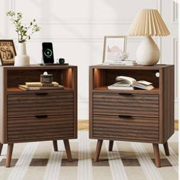 Walnut Set of 2 19.7" Nightstand With 2 Drawers & Open Shelf, Bedside Table With LED Lights & Outlets, End Table For Bedroom Or Living Room - Walnut, Set of 2