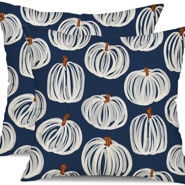 DFXSZ Fall Pillow Covers 18x18 inch Set of 2 Fall Decoration Beige Thick Lines Pumpkin Decor Navy Blue Autumn Farmhouse Pillow Cover Thanksgiving Decoration for Home Couch 118M18