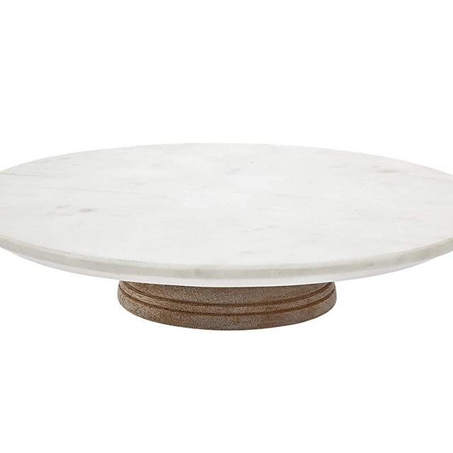 Godinger Revolving Cake Stand Plate for Decorating and Serving, Lazy Susan Wood Marble Rotating Platter