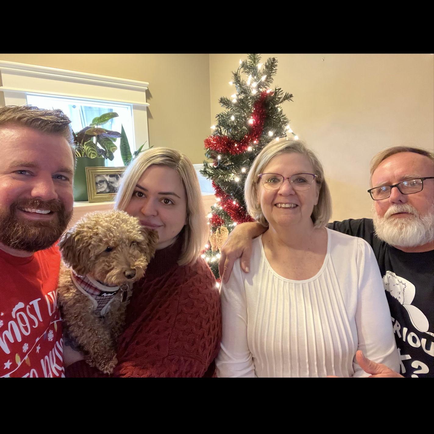 First Christmas in the new home (2023) featuring our rescue pup, Teddy, and Kyle's parents.