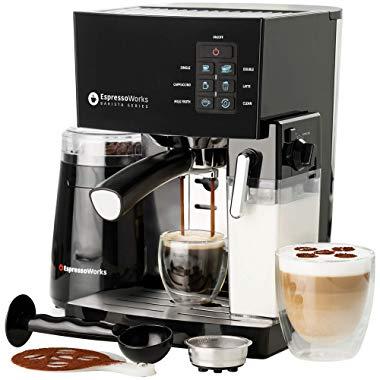EspressoWorks 10 Pc All-In-One Barista Bundle Espresso Machine & Cappuccino Maker, 19 BAR Pump Set w/ Built in Milk Steam & Frother (Incl: Electric Coffee Bean Grinder, 2 Cappuccino & 2 Espresso Cups, Spoon/Tamper, Portafilter w/ Single & Double Shot Filter Baskets, 16 Art Stencil Templates) (Black), 1250W