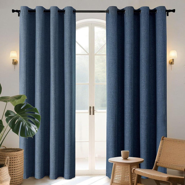 Joydeco Denim Blue Black Out Curtains 63 Inch Long 2 Panels Set for Bedroom, 100% Blackout for Living Room, Faux Linen Short Small Textured Grommet Drapes