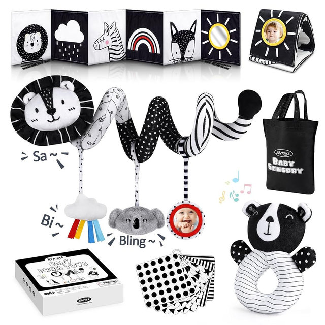 Joyreal High Contrast Baby Toys for Newborn, Black and White Baby Sensory Toys with Car Seat Toys,Infant Toys with Black White Cards Book, Montessori Toys for Baby Gifts