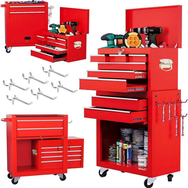 8 Drawers Rolling Tool Chest with Wheels - Tool Chest Cabinet with Detachable Top Toolbox, Liners and Locking System - Metal Tool Storage Cart, Tool Box for Garage Workshop, Warehouse, Red