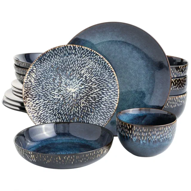Gibson Elite Matisse 16-Piece Reactive Stoneware Double Bowl Dinnerware Set Cobalt
